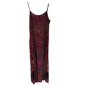Bohemian Tie Dye Red Rayon Flowy Maxi Dress Adjustable Hippie Gypsy Festival